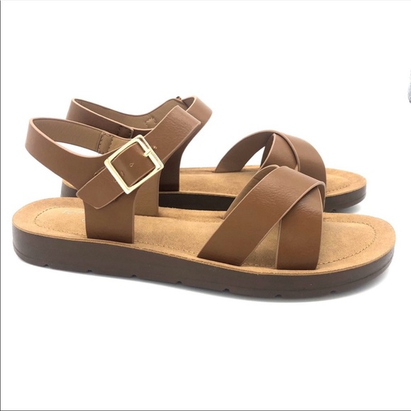 Tan Cross Open Toe Ankle Strap Sandals - Picture 2 of 4